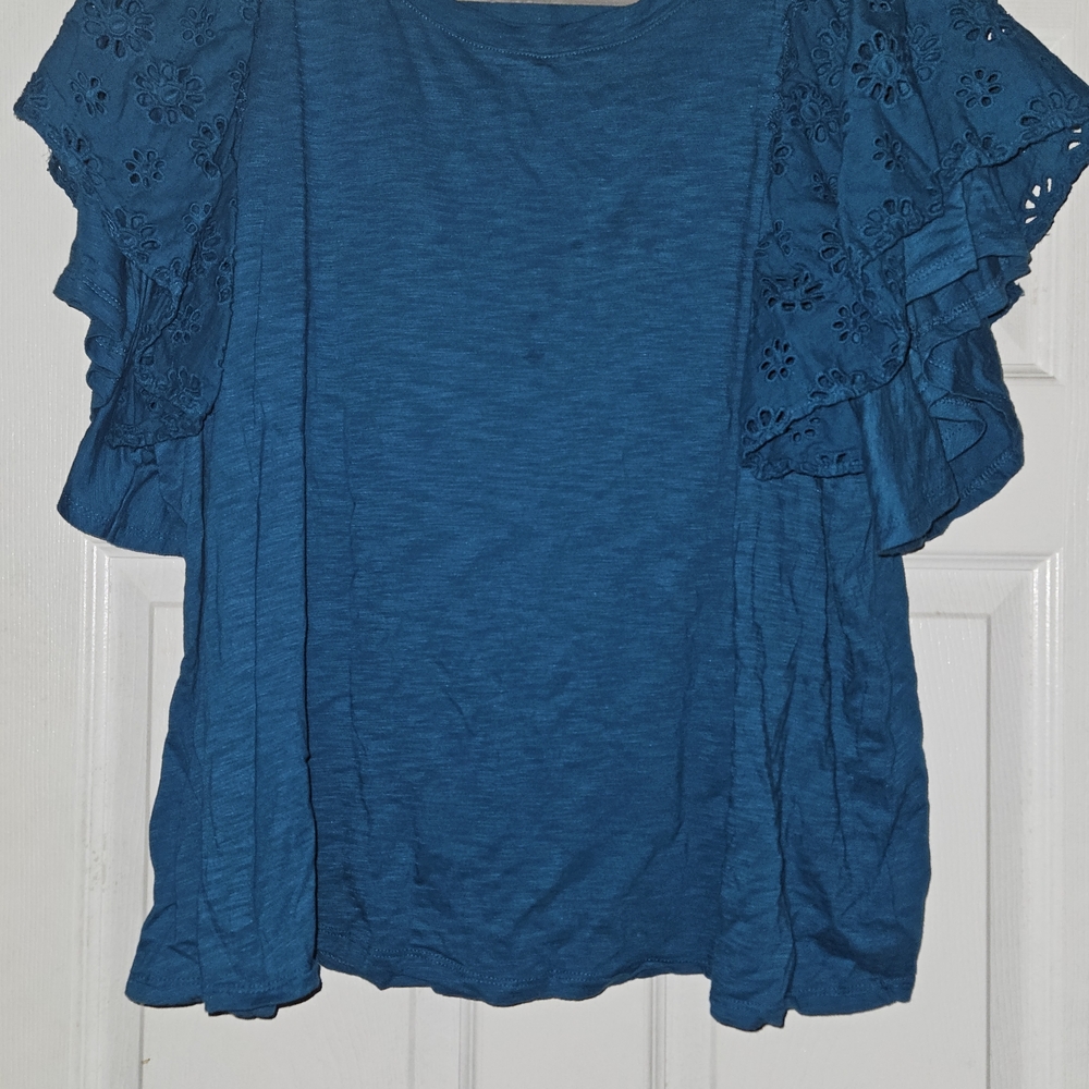 Terra & Sky Teal Ruffle Sleeve Blouse